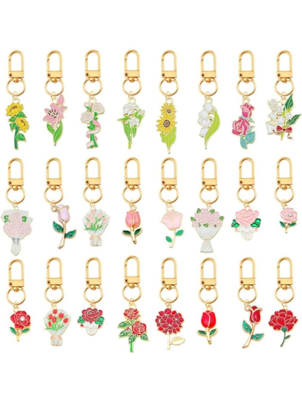 Colorful Flower Keychains Set - 24PCS Rose, Sunflower, Tulip & Hydrangea Bag